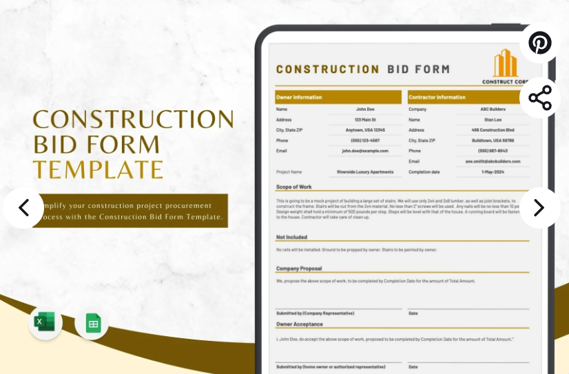 Excel Construction Bid Form Template by Template.net